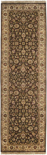 Detailed view of the Hillisburg Premium Wool Carpet in brown with beige floral pattern and fringe. Hand-knotted traditional style. Design-Runner-268