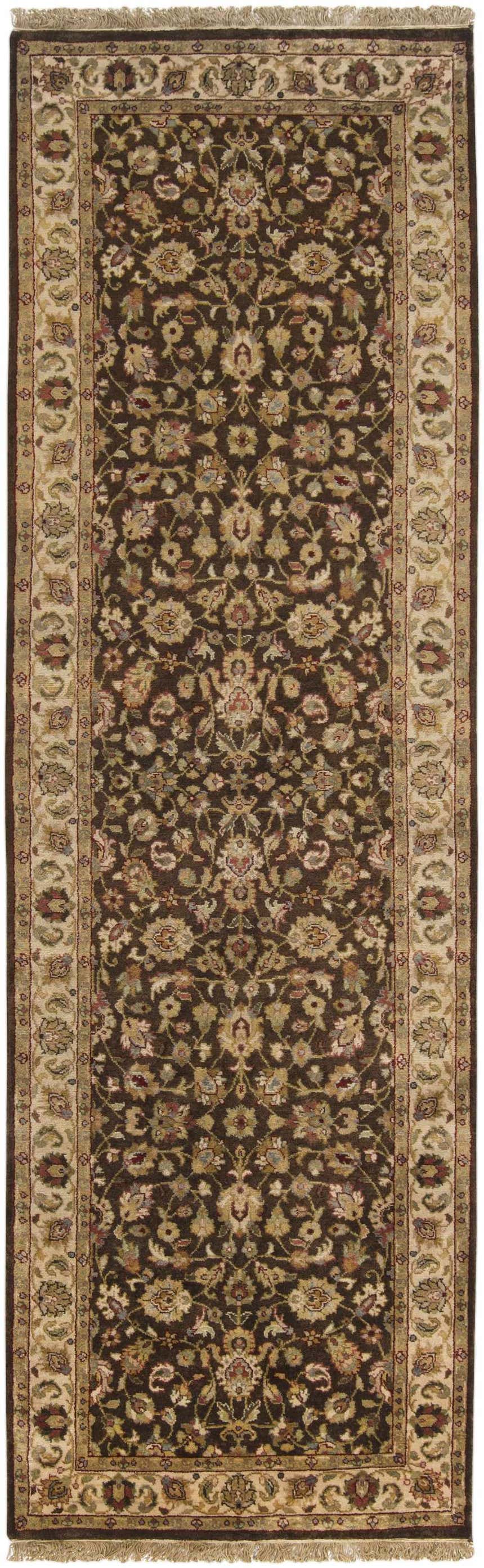 Detailed view of the Hillisburg Premium Wool Carpet in brown with beige floral pattern and fringe. Hand-knotted traditional style. Design-Runner-268