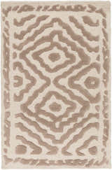 Close-up of the Halesworth Premium Area Carpet. Hand-knotted wool rug with a brown geometric pattern on a light beige background. Design-Rectangle-23