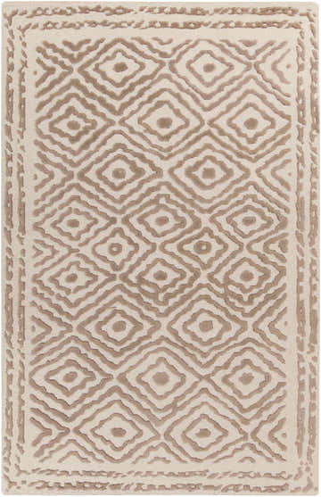 Close-up of the Halesworth Premium Area Carpet, a hand-knotted wool rug with a brown diamond pattern on a light beige background. Design-Rectangle-58