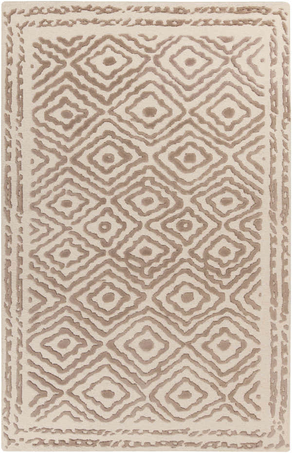 Close-up of the Halesworth Premium Area Carpet, a hand-knotted wool rug with a brown diamond pattern on a light beige background. Design-Rectangle-58