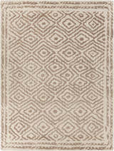 Close-up of Halesworth Premium Area Carpet in light beige and brown, featuring a geometric diamond pattern and hand-knotted texture. Design-Rectangle-811