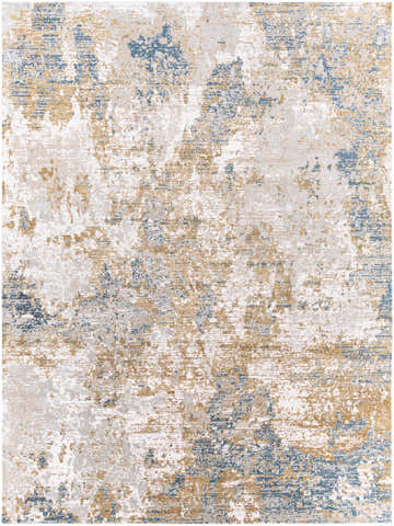 Close-up of the Hamlet Area Rug: a contemporary rug in dark blue, light gray, mustard, oatmeal, and off white. Design-Rectangle-710103