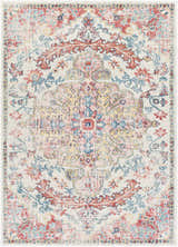 Close-up of the Hemingbrough Red&White Medallion Rug, featuring a traditional floral pattern in red, blue, mauve, and saffron on an off-white base. Design-Rectangle-5373
