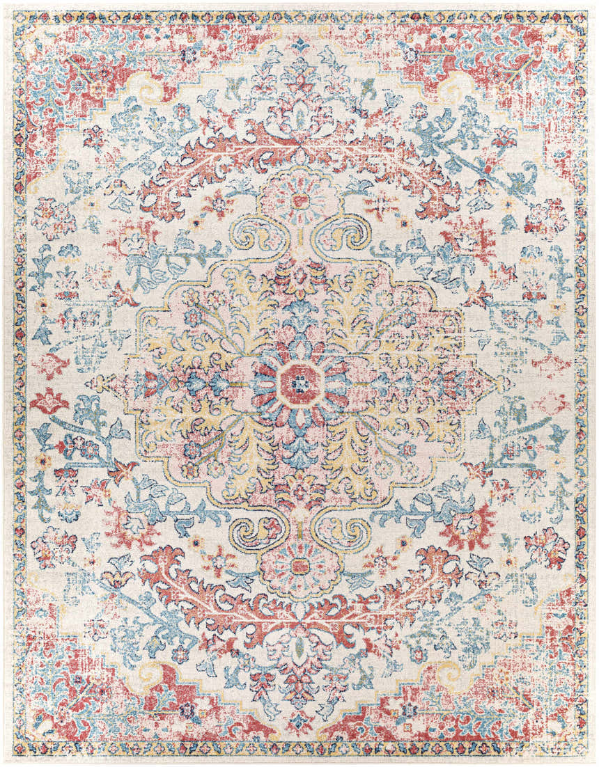 Close-up of the Hemingbrough Red&White Medallion Rug featuring a traditional floral pattern in red, blue, saffron, and off-white. Design-Rectangle-71010