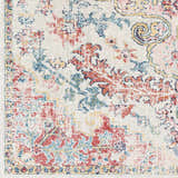Close-up of the Hemingbrough Red&White Medallion Rug showing its red, blue, and saffron bohemian pattern. Swatch
