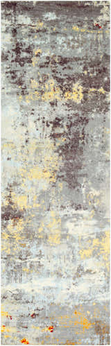 Close-up of the Hobson Abstract Area Rug showing black, brick red, mustard, and ice blue hues in a contemporary pattern. Design-Runner-268