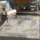 Living room scene with a Hobson Abstract Area Rug, white chair, and wood console table. Roomscene-Rectangle