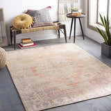 Bohemian entryway with Holiday Area Rug in beige, coral, and denim. Bench with pillows and plant create a cozy vibe. Roomscene-Rectangle