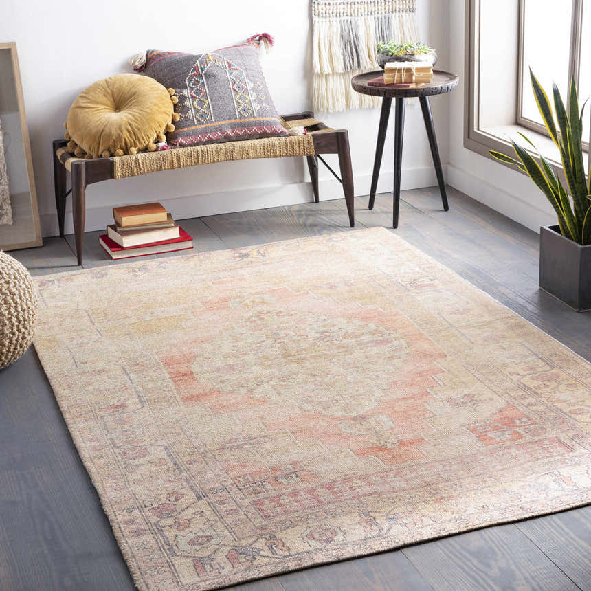 Bohemian entryway with Holiday Area Rug in beige, coral, and denim. Bench with pillows and plant create a cozy vibe. Roomscene-Rectangle