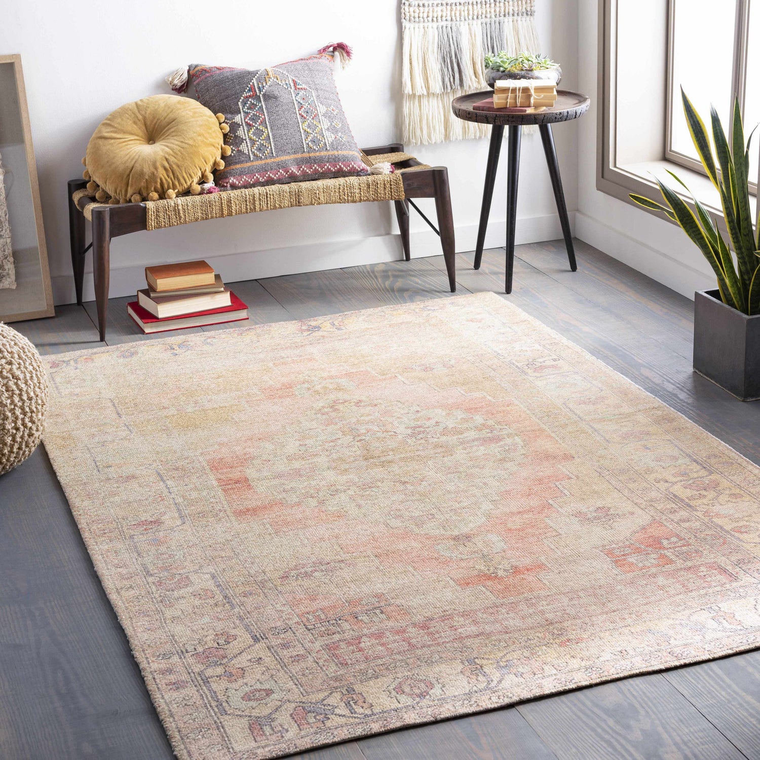 Bohemian entryway with Holiday Area Rug in beige, coral, and denim. Bench with pillows and plant create a cozy vibe. Roomscene-Rectangle