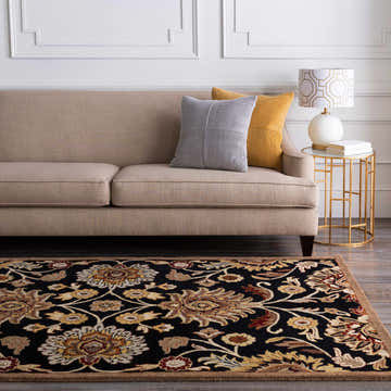 Living room scene with a Conesus 1053 black wool rug, beige sofa, and gold side table with lamp. Roomscene-Rectangle
