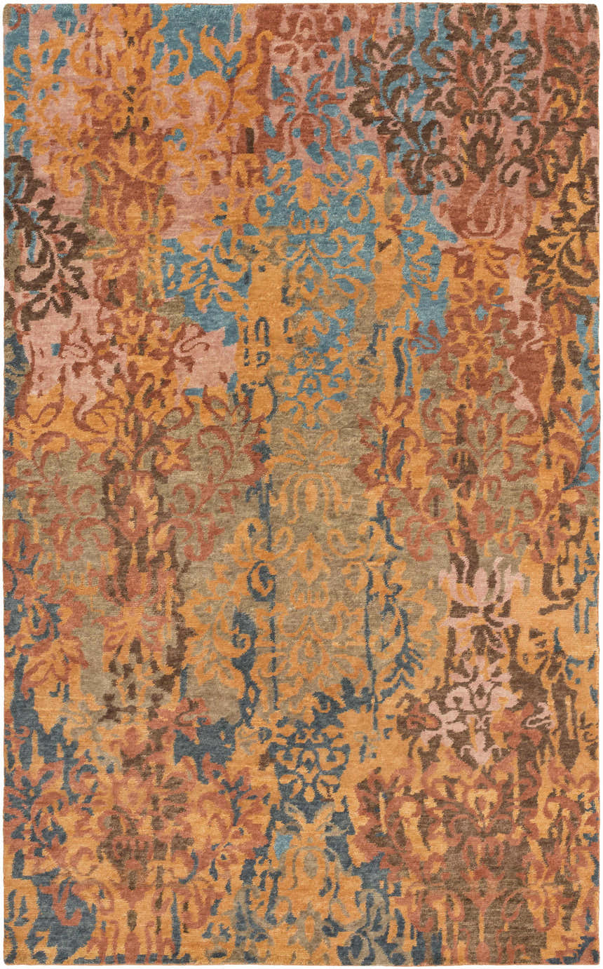 Close-up of the Homerville Area Rug. Hand-knotted wool rug with black, blue, sage, rust, and tan contemporary pattern. Design-Rectangle