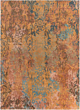 Close-up of the Homerville Area Rug featuring a contemporary floral pattern in rust, tan, dark blue, and sage. Design-Rectangle