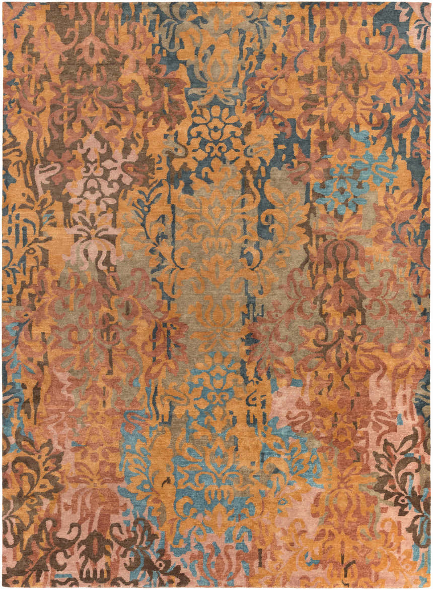Close-up of the Homerville Area Rug featuring a contemporary floral pattern in rust, tan, dark blue, and sage. Design-Rectangle
