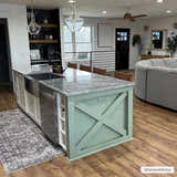 Farmhouse kitchen with a gray Bevin Washable Area Rug under a light green island with a granite countertop. Roomscene-Runner