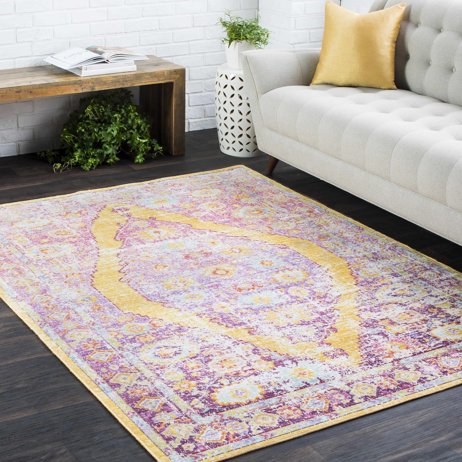 Farmhouse living room with gray sofa and Horley Area Rug in yellow and purple tones. Roomscene-Rectangle