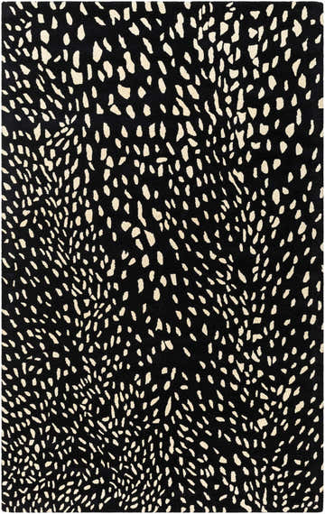 Close-up of the Athena Black Giraffe Print Wool Rug, showcasing its black and beige animal-inspired pattern and hand-tufted texture. Design-Rectangle-58