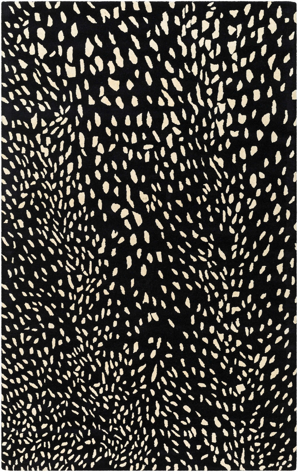 Close-up of the Athena Black Giraffe Print Wool Rug, showcasing its black and beige animal-inspired pattern and hand-tufted texture. Design-Rectangle-58