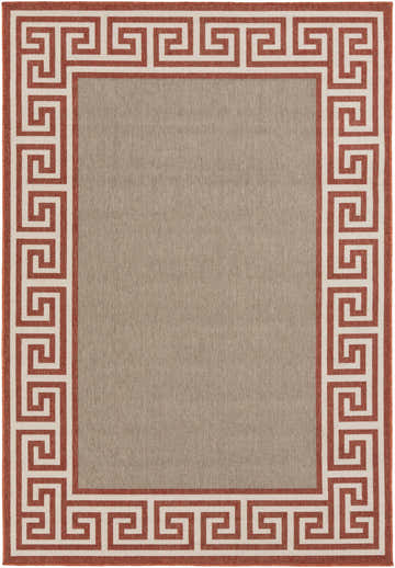 Close-up of Houtz Red Border Greek Rug, featuring a light beige center and a rust Greek key border. Design-Rectangle-5376