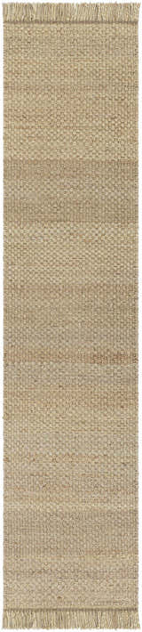 Close-up of Hovland Hand Woven Natural Jute Rag Rug showing texture, woven design, and fringed edges. Colors are natural jute and tan. Design-Runner-310