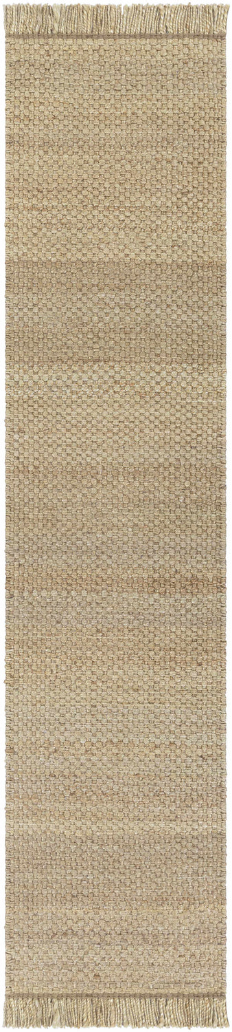 Close-up of Hovland Hand Woven Natural Jute Rag Rug showing texture, woven design, and fringed edges. Colors are natural jute and tan. Design-Runner-310