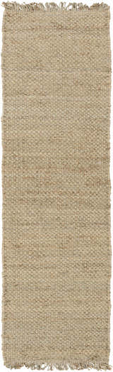 Close-up of the Hovland Hand Woven Natural Jute Rag Rug, featuring a textured weave and fringe detail in tan and natural jute. Design-Runner