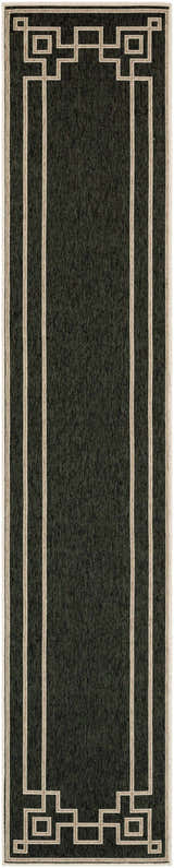 Close-up of Harborcreek Area Rug. Black rug with light beige geometric border and stripes. Contemporary style. Design-Runner-23119