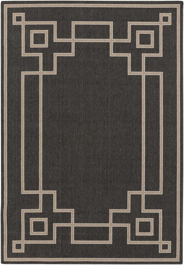 Close-up of Harborcreek Area Rug. Black rug with a light beige geometric border pattern. Contemporary style. Design-Rectangle-5376