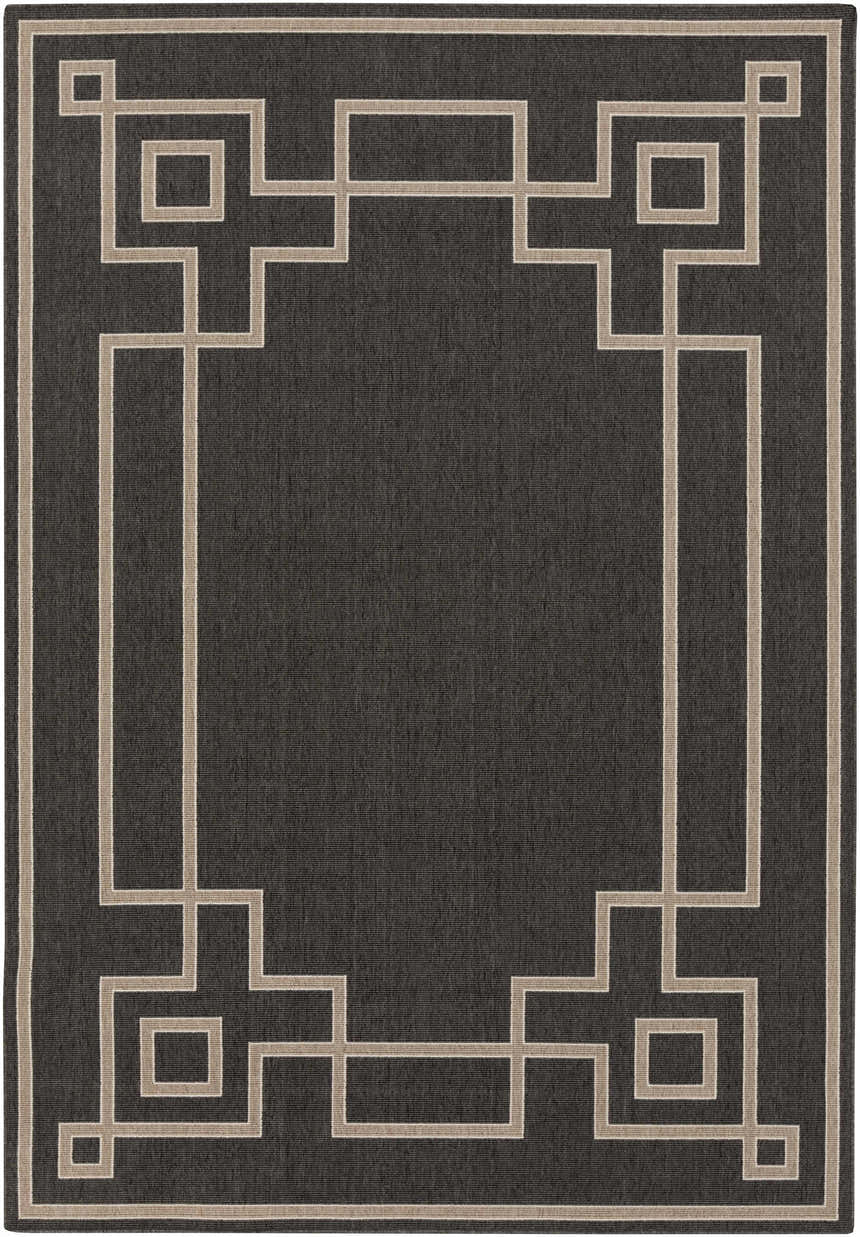 Close-up of Harborcreek Area Rug. Black rug with a light beige geometric border pattern. Contemporary style. Design-Rectangle-5376