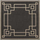 Close-up of Harborcreek Area Rug. Black olefin rug with a light beige geometric Greek key pattern border. Design-Square-89