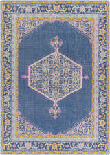 Detailed Herriman Clearance Rug close-up. Traditional rug with aqua, blue, pink, purple, and saffron colors. Hand-knotted wool texture. Design-Rectangle-811