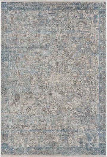 Detailed Hartsel Area Rug in charcoal, gray, and dark blue tones with a traditional, distressed pattern. Design-Rectangle