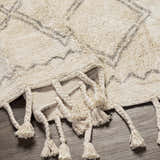 Close-up of the cream Harvester Area Carpet showing its geometric design, plush texture, and braided tassel fringe detail. Fold