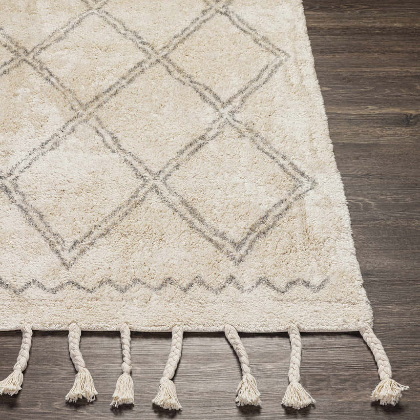 Close up of Harvester Area Carpet. Cream rug with gray geometric diamond pattern and braided tassels on dark wood floor. Front