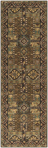 Detailed Huguenot 12x15 wool rug in beige, brown, teal, and olive. Hand-tufted with a traditional farmhouse pattern. Design-Runner-268