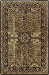 Detailed Huguenot 12x15 wool rug in beige, brown, olive, and teal. Traditional farmhouse style with floral and geometric patterns. Design-Rectangle-58