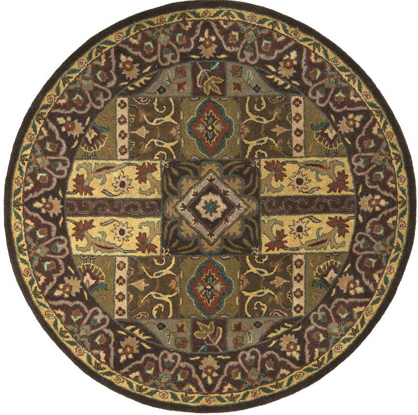 Close-up of the round Huguenot wool rug. Farmhouse style rug in beige, brown, olive, and teal floral pattern. Design-Round-6