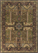 Detailed Huguenot 12x15 wool rug featuring a traditional pattern in beige, brown, sage, mustard, and teal hues. Hand-tufted texture. Design-Rectangle-811