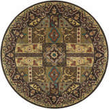 Detailed round Huguenot wool rug in beige, brown, teal, and olive tones with a traditional floral and geometric pattern. Design-Round-8