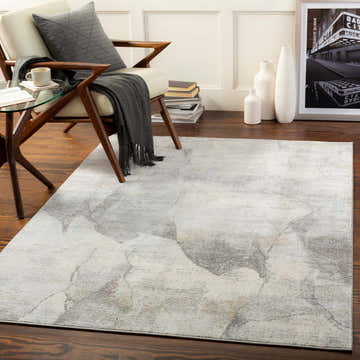 Living room scene with a Hulme Gray Marble Luxe Rug, mid-century chair, glass table, and wood floors. Contemporary style. Roomscene-Rectangle