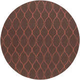 Close-up of the round Humarock Area Rug. Features a burgundy lattice pattern on a medium brown wool background. Design-Round