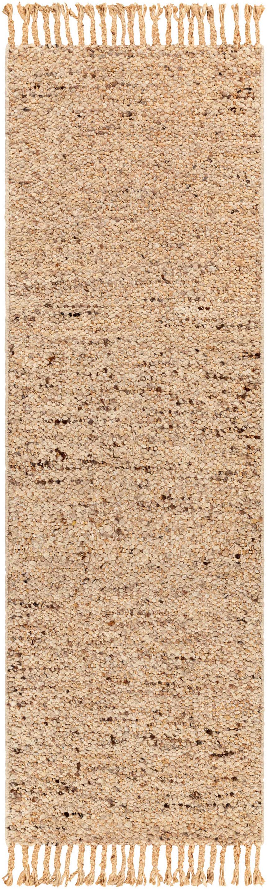 Close-up of the hand woven Humbird Area Rug. Tan wool rug with dark brown flecks and tassels. Design-Runner-268