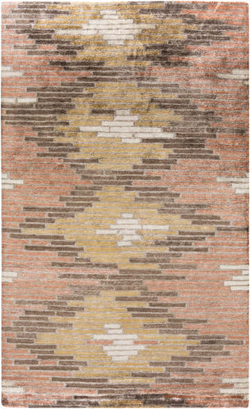 Close-up of the Hundon Viscose Area Carpet. Contemporary design with black, brick red, brown, and taupe colors. Hand-knotted texture. Design-Rectangle