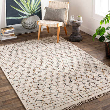 Bohemian room scene with Husum Area Carpet, cream rug with black, brown geometric pattern, woven chair, and potted plant. Roomscene-Rectangle