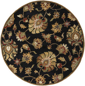 Close-up of round Huxley Area Rug with black background and floral pattern in beige, brown, red, and green. Design-Round-6