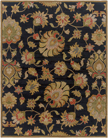 Detailed view of the Huxley Area Rug, a hand-tufted wool rug with a black background and floral pattern in beige, red, and olive tones. Design-Rectangle-7696