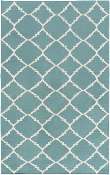 Close-up of the Haverhill Area Rug. Seafoam wool rug with a geometric trellis pattern in light beige. Hand woven. Design-Rectangle-58