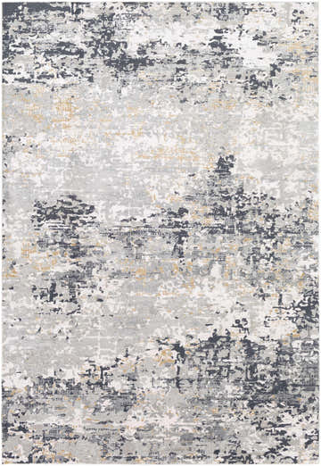 Close-up of the Hyner Area Rug showing its contemporary charcoal, gray, off white, and mustard abstract pattern and texture. Design-Rectangle-5373