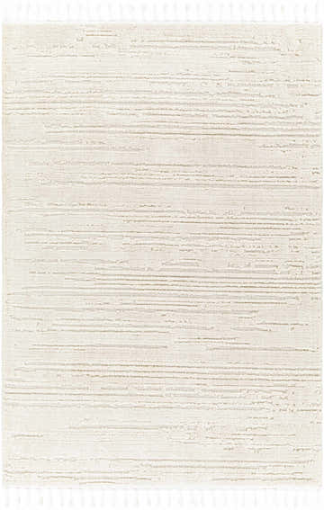 Close-up of the Ibarra Textured Ivory Rug, featuring a high/low pile design and tassel details. Design-Rectangle-537